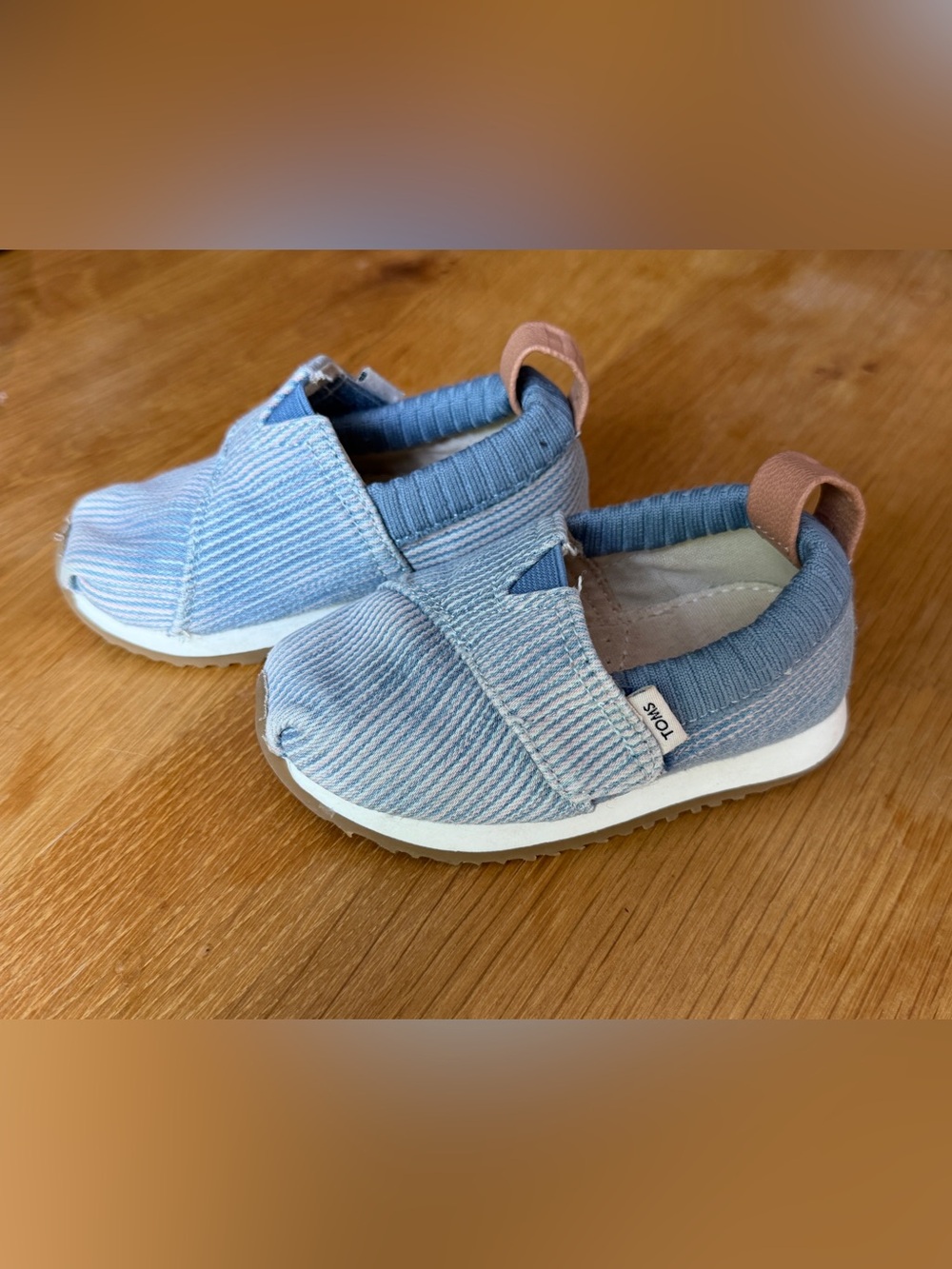 Toms Kids Blue Striped Slip-On Sneakers with Tan Heel Tabs